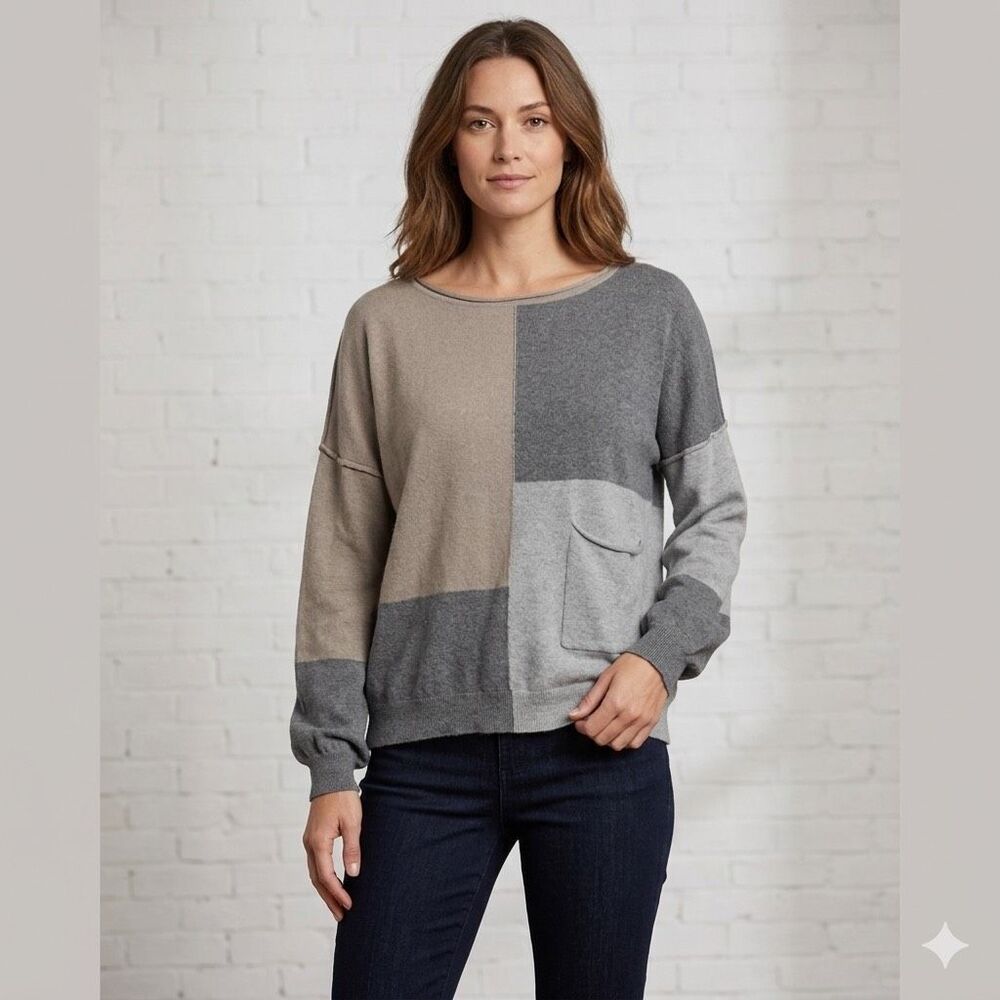 Democracy Colorblock Sweater Size Large Neutral Gray‎ Beige Pocket Knit
